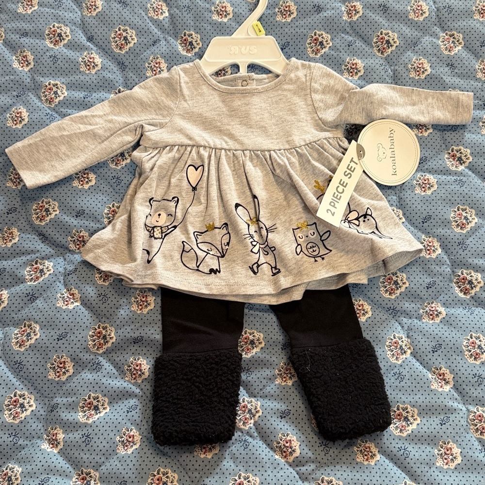 Gray top with bunnies and black bottom Set and Stuffed Bunny 0-3mo NWT